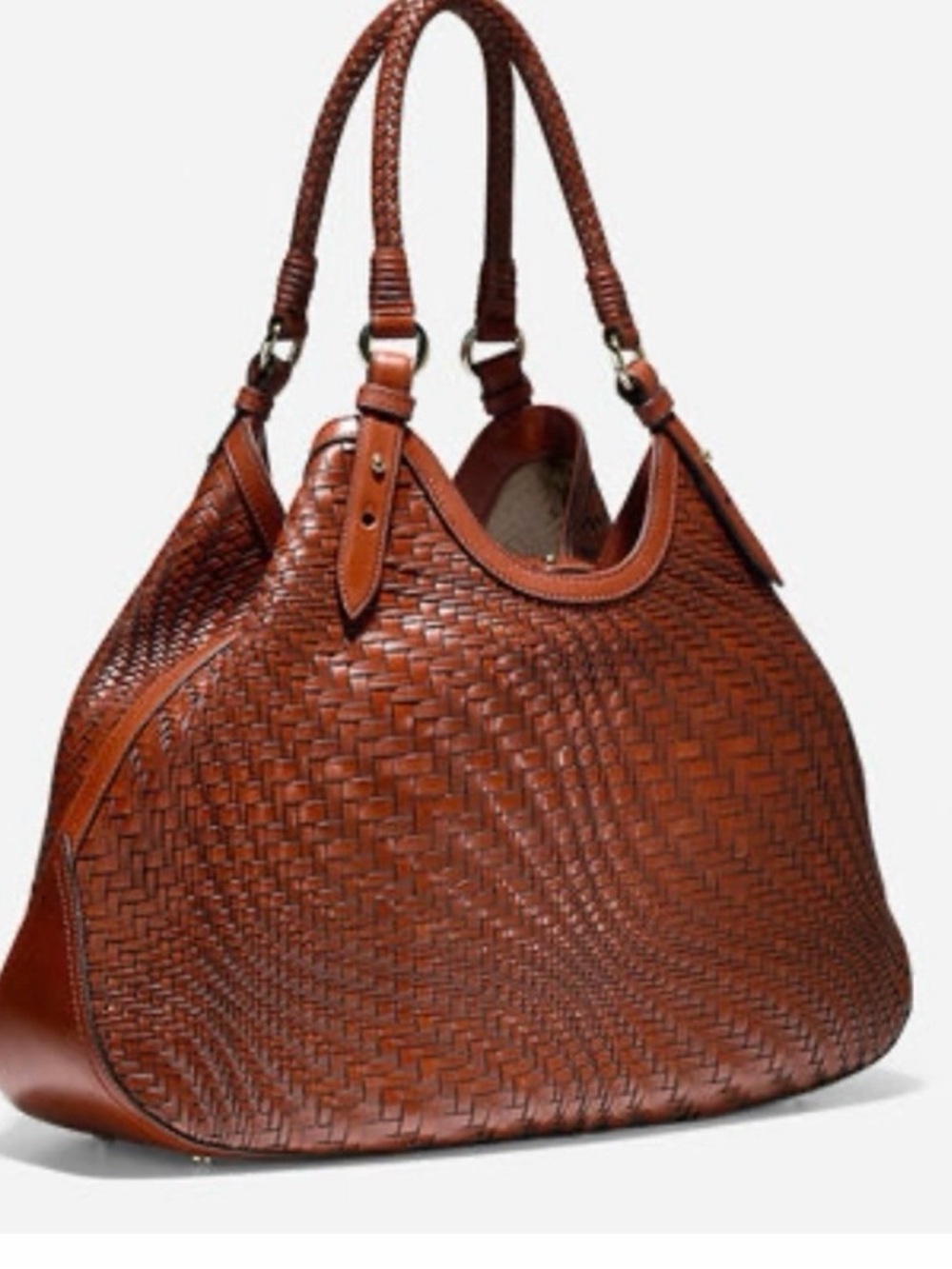 Cole Haan Genevieve Rare Woven Leather Shoulder Bag in Cognac Brown